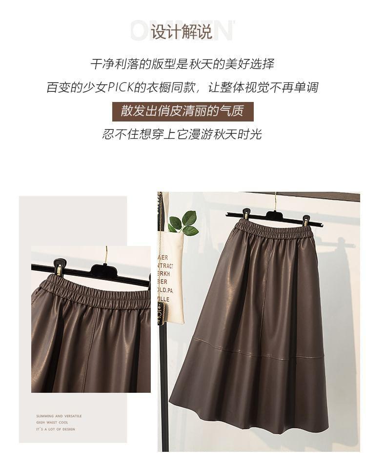 High Rise Plain Faux Leather Midi A-Line Skirt Product Image