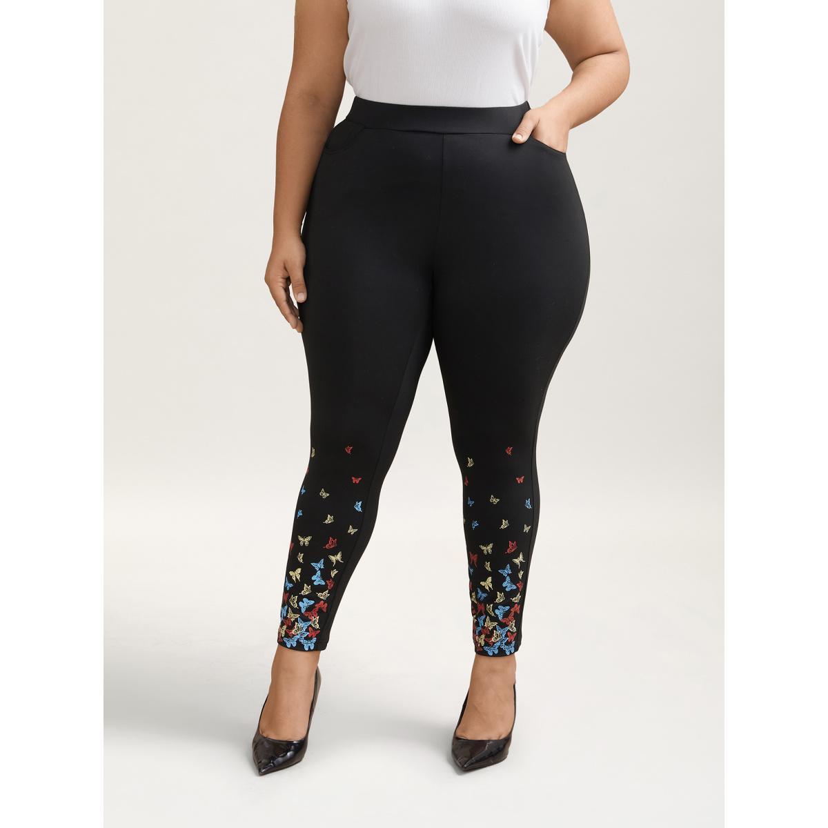 Plus Size Super Stretchy Butterfly Print Tight Pants Women Black Elegant High stretch Skinny Mid Rise Everyday Leggings BloomChic 26/4X Product Image