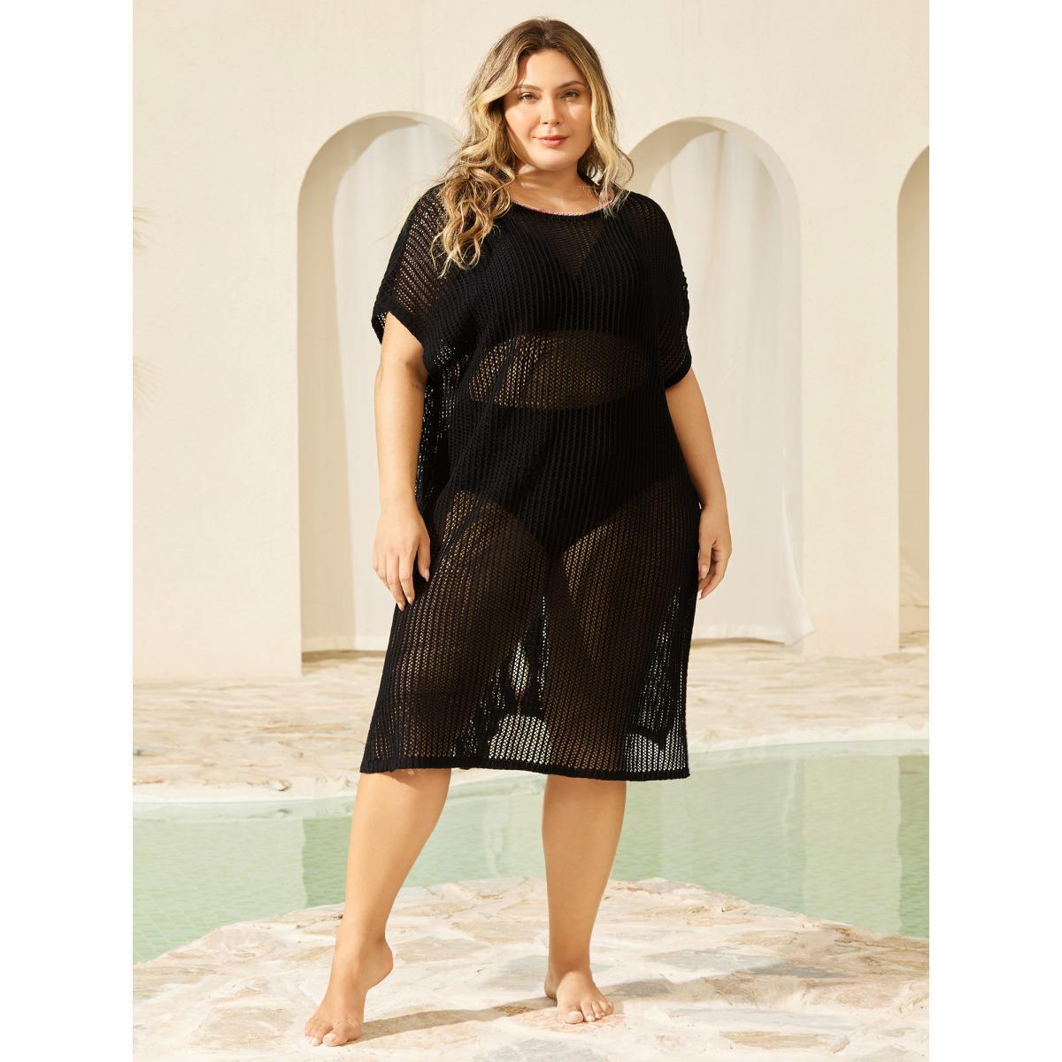 Plus Size Crochet Flower Backless Slit Swim Cover-Up Women's Swimwear Black Beach Loose Curve Swim Cover Ups BloomChic 10/M Product Image