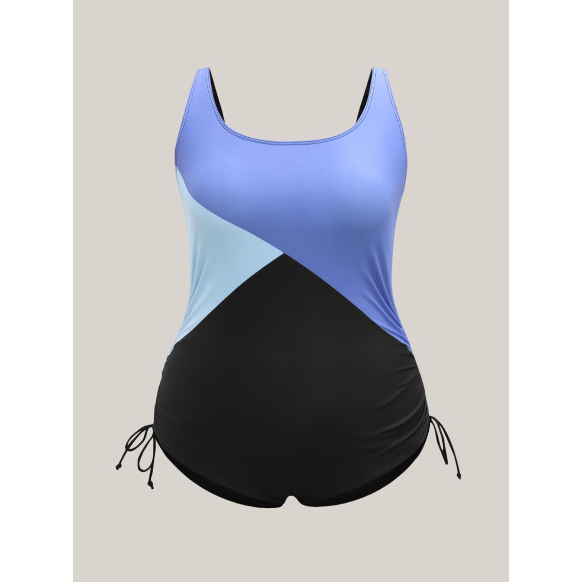 Plus Size Color Block Side Drawstring One-Piece Swimsuit Women's Swimwear Mediumblue Beach Contrast Curve Bathing Suits High stretch One Pieces BloomChic 30/6X Product Image
