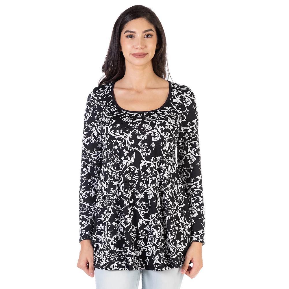 Women's 24Seven Comfort Apparel Floral Black Long Sleeve Tunic Top, Size: Small, Black Team Product Image