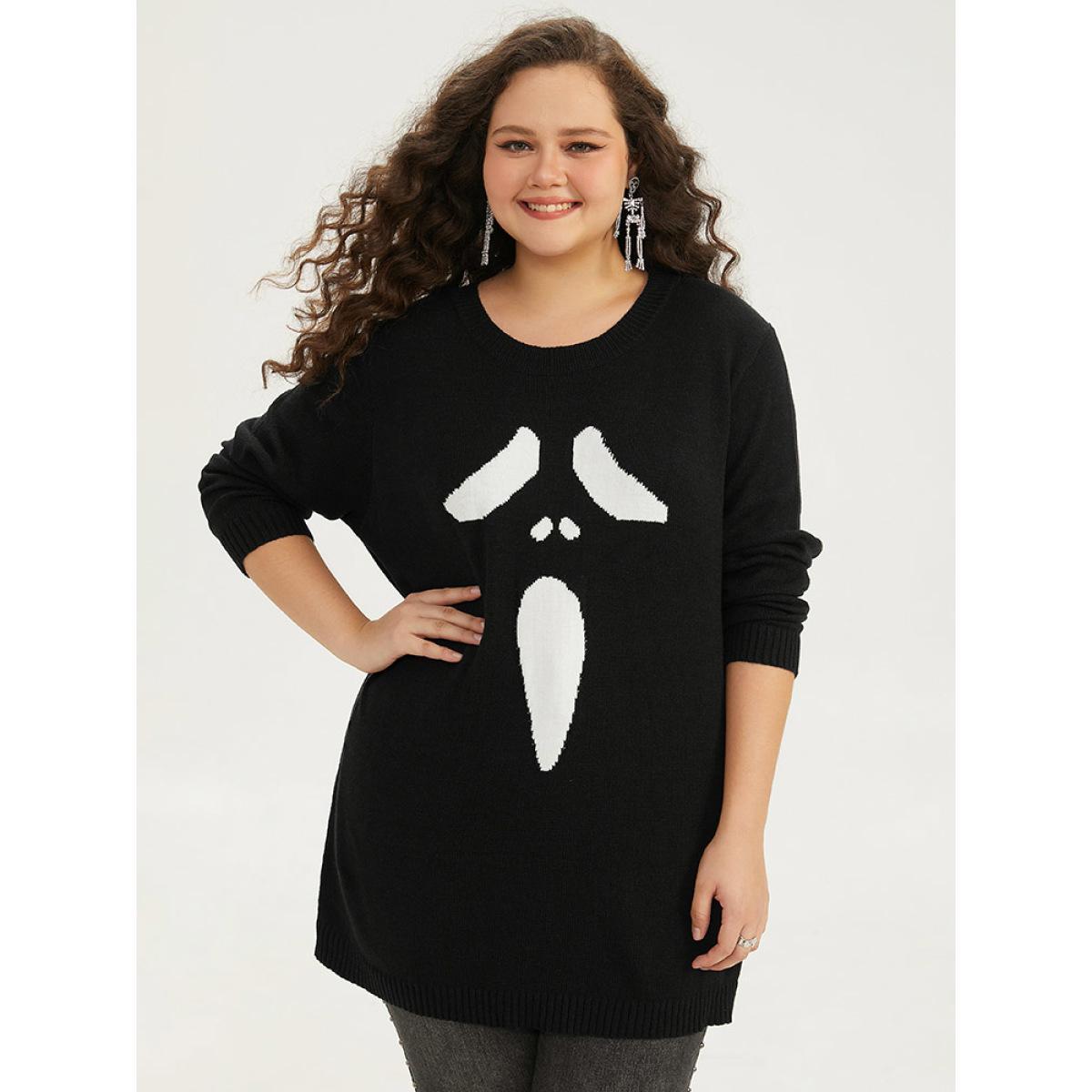 Plus Size Supersoft Essentials Halloween Ghost Face Print Pullover Black Women Casual Loose Long Sleeve Round Neck Festival-Halloween Pullovers BloomChic 22-24/3X Product Image