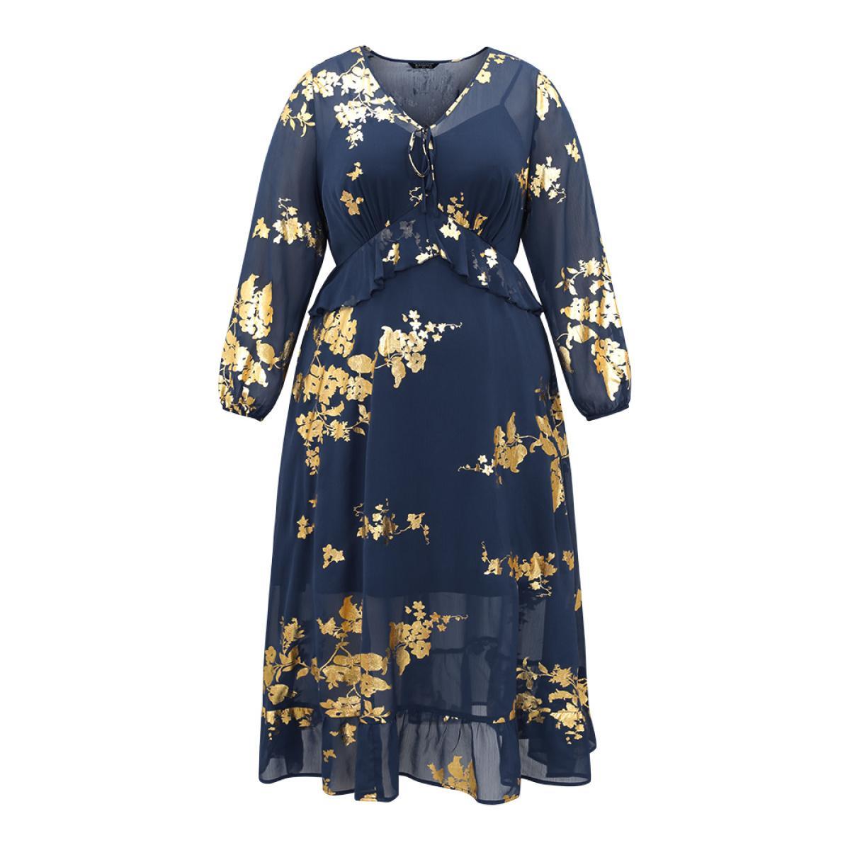 Plus Size Silhouette Floral Print Ruffles Ties Mesh Gathered Dress Navy Women Elegant Elastic cuffs Tie Neck Long Sleeve Curvy Midi Dress BloomChic 12/L Product Image