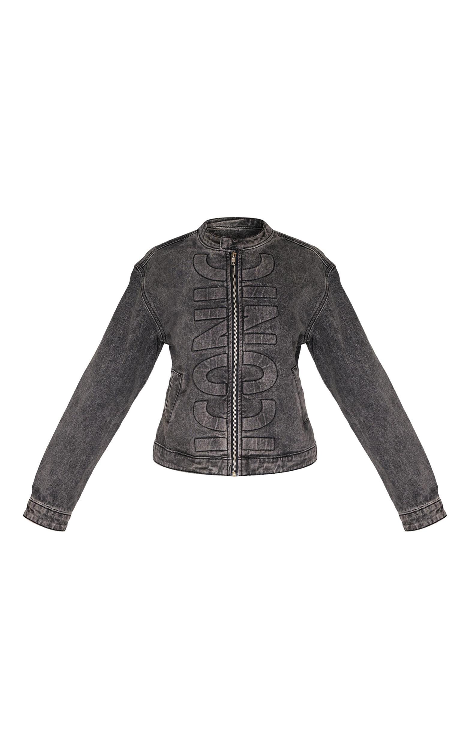Petite Washed Black Iconic Embossed Denim Jacket Product Image