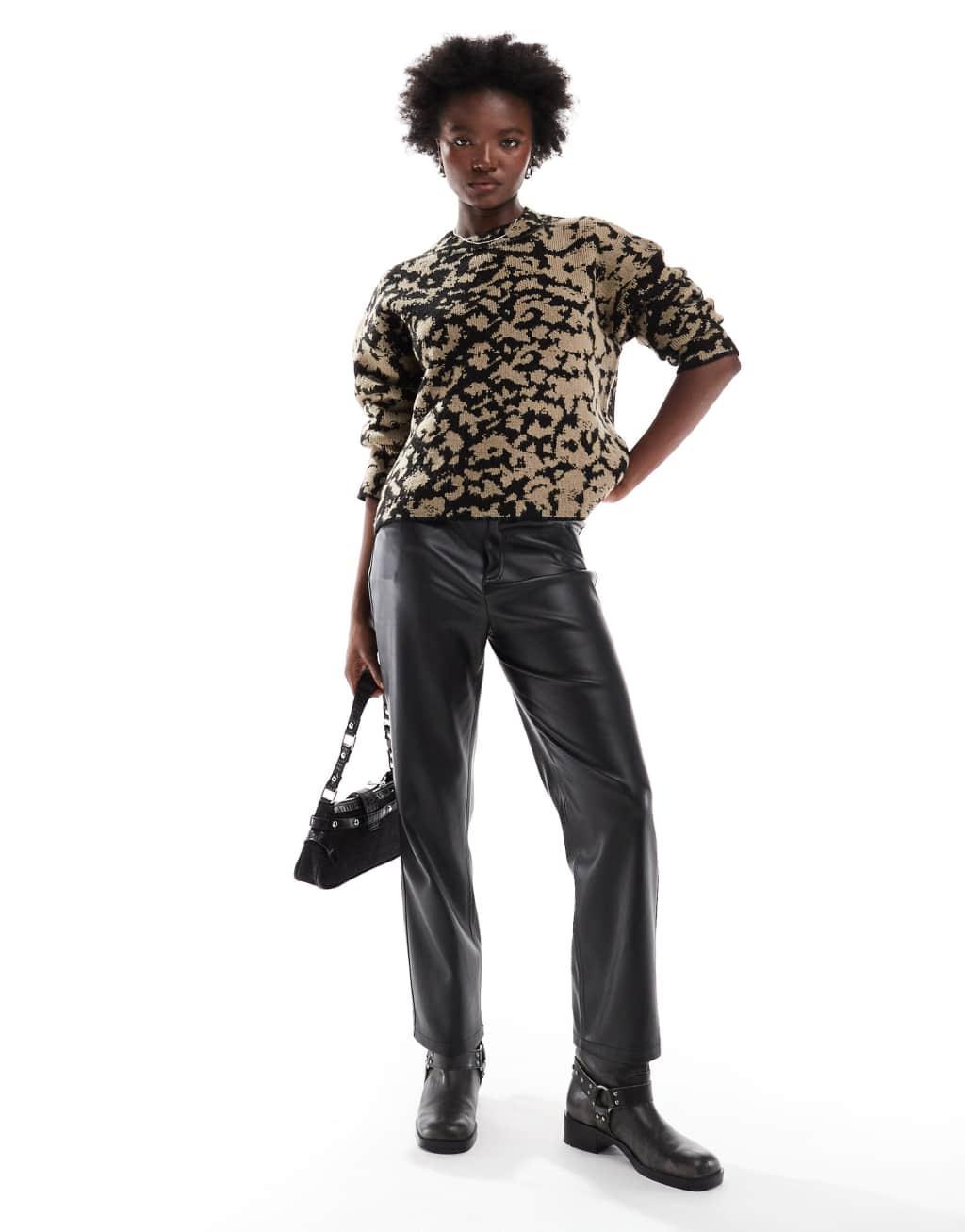 ASOS DESIGN crew neck knitted sweater in abstract leopard print Product Image