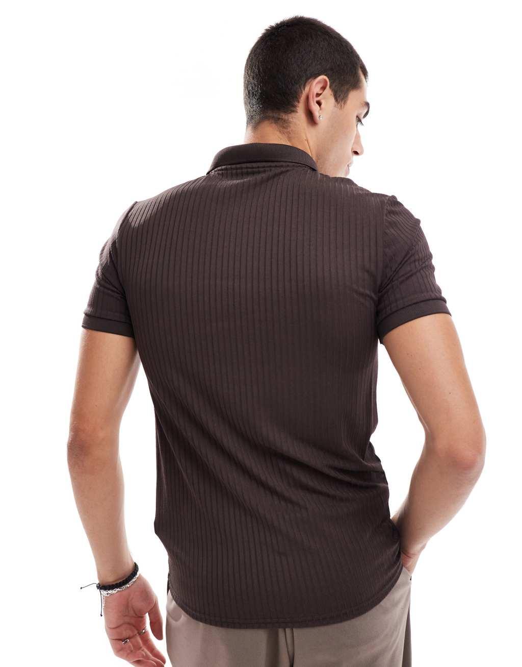  ASOS DESIGN muscle fit rib polo with zip in brown Product Image