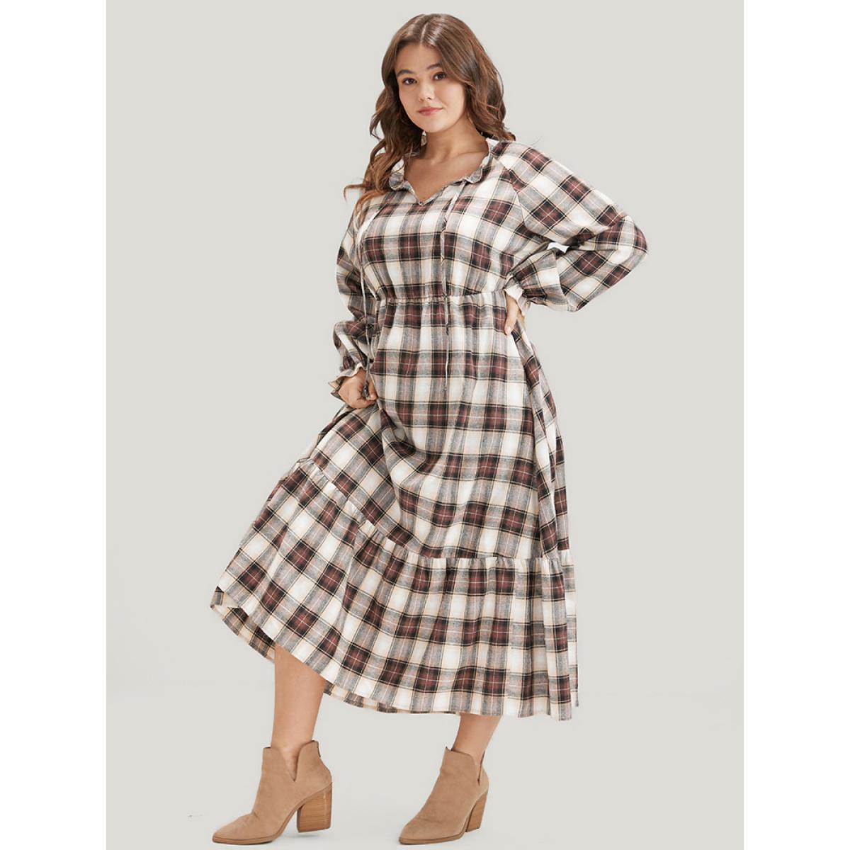 Plus Size Plaid Pocket Keyhole Tie Neck Ruffle Hem Dress LightGray Women Elegant Elastic Waist V-neck Long Sleeve Curvy Midi Dress BloomChic 28/5X Product Image
