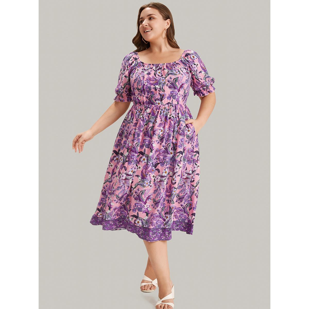 Plus Size Floral Square Neck Ruffles Pocket Puff Sleeve Midi Dress Pink Women Elegant Pocket Square Neck Short sleeve Curvy Midi Dress BloomChic 10/M Product Image