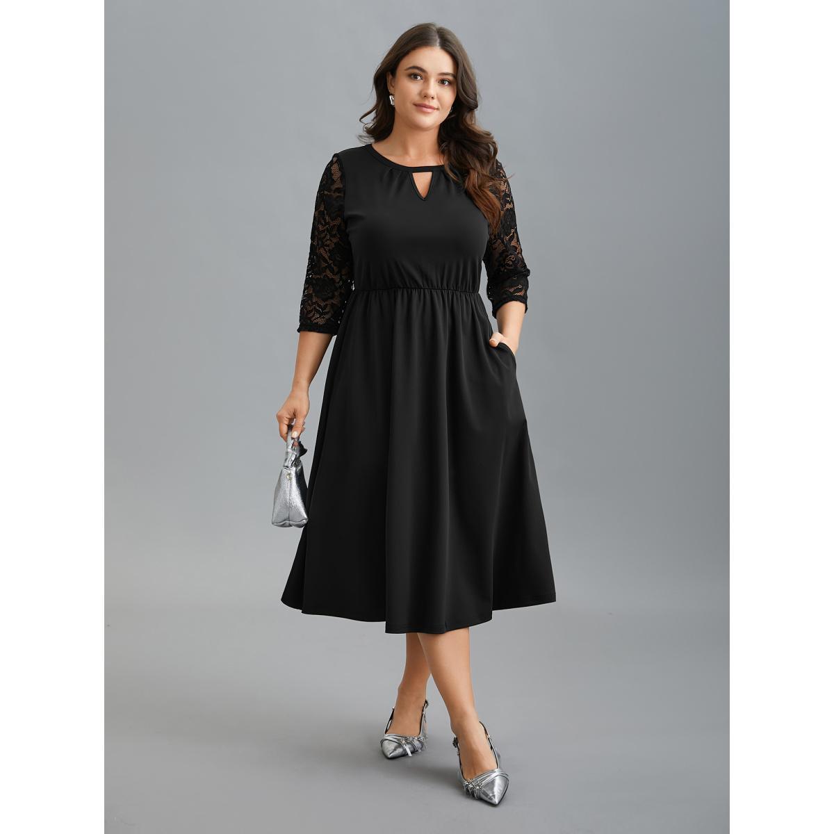Plus Size Neck Cut-Out Lace Stretchy-Waist Midi Dress Black Women At the Office Texture Knit Dresses Bloomchic 12/L Product Image