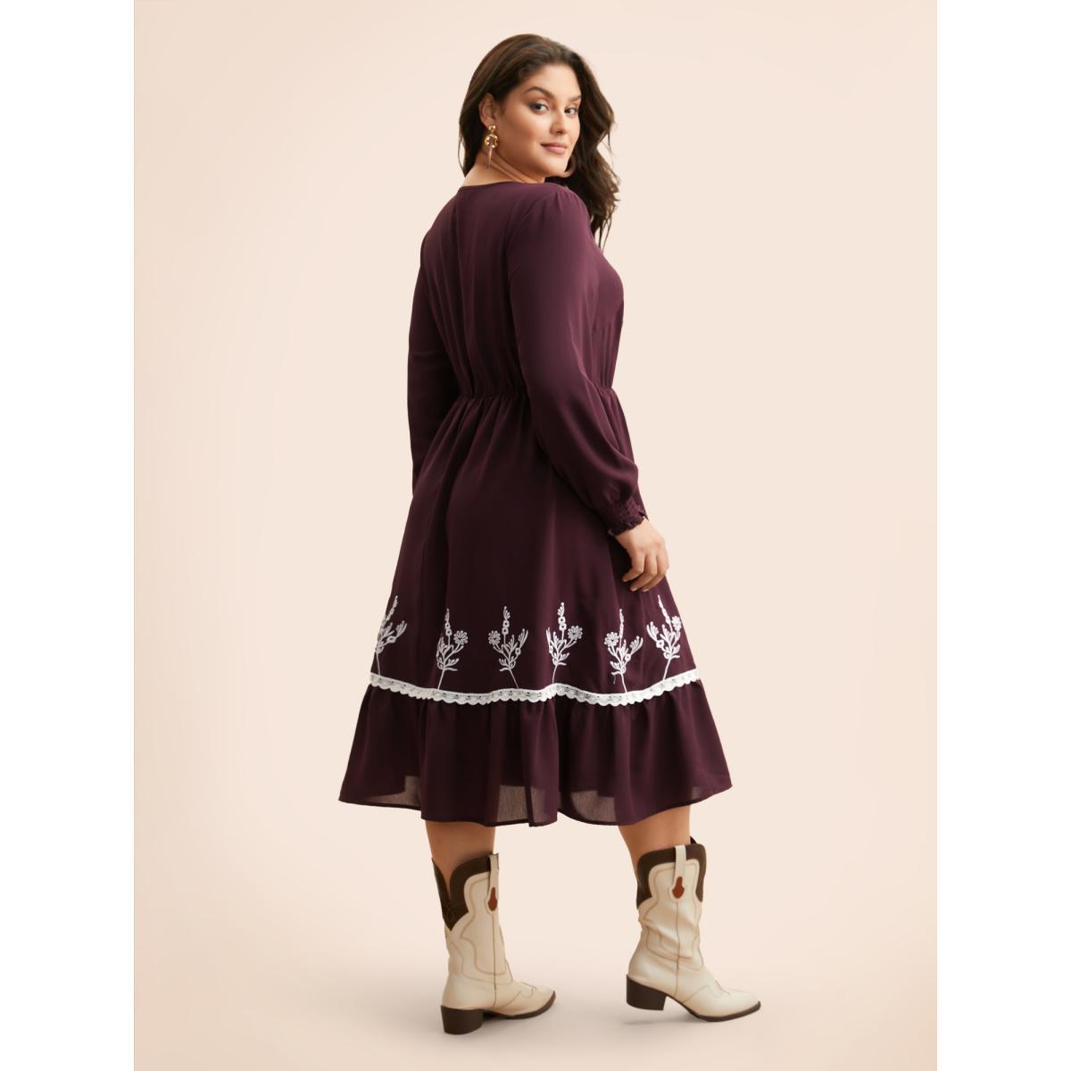 Plus Size Floral Embroidered Crochet Lace Midi Dress Eggplant Women Resort Woven ribbon&lace trim V-neck Long Sleeve Curvy BloomChic 18-20/2X Product Image