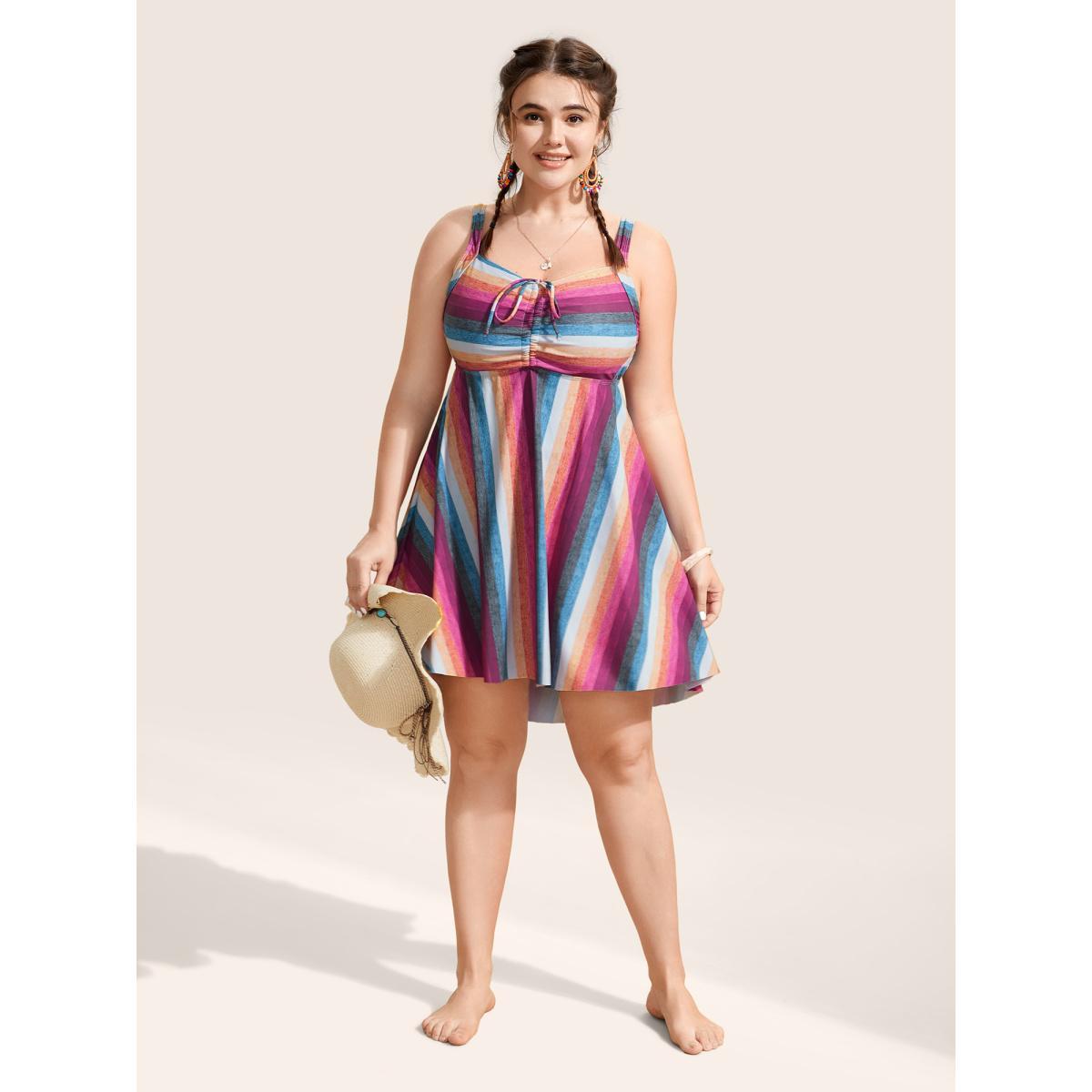 Plus Size Contrast Striped Tie Knot Swim Dress Women's Swimwear Multicolor Bodycon Non High stretch Curve Swim Dresses BloomChic 18-20/2X Product Image