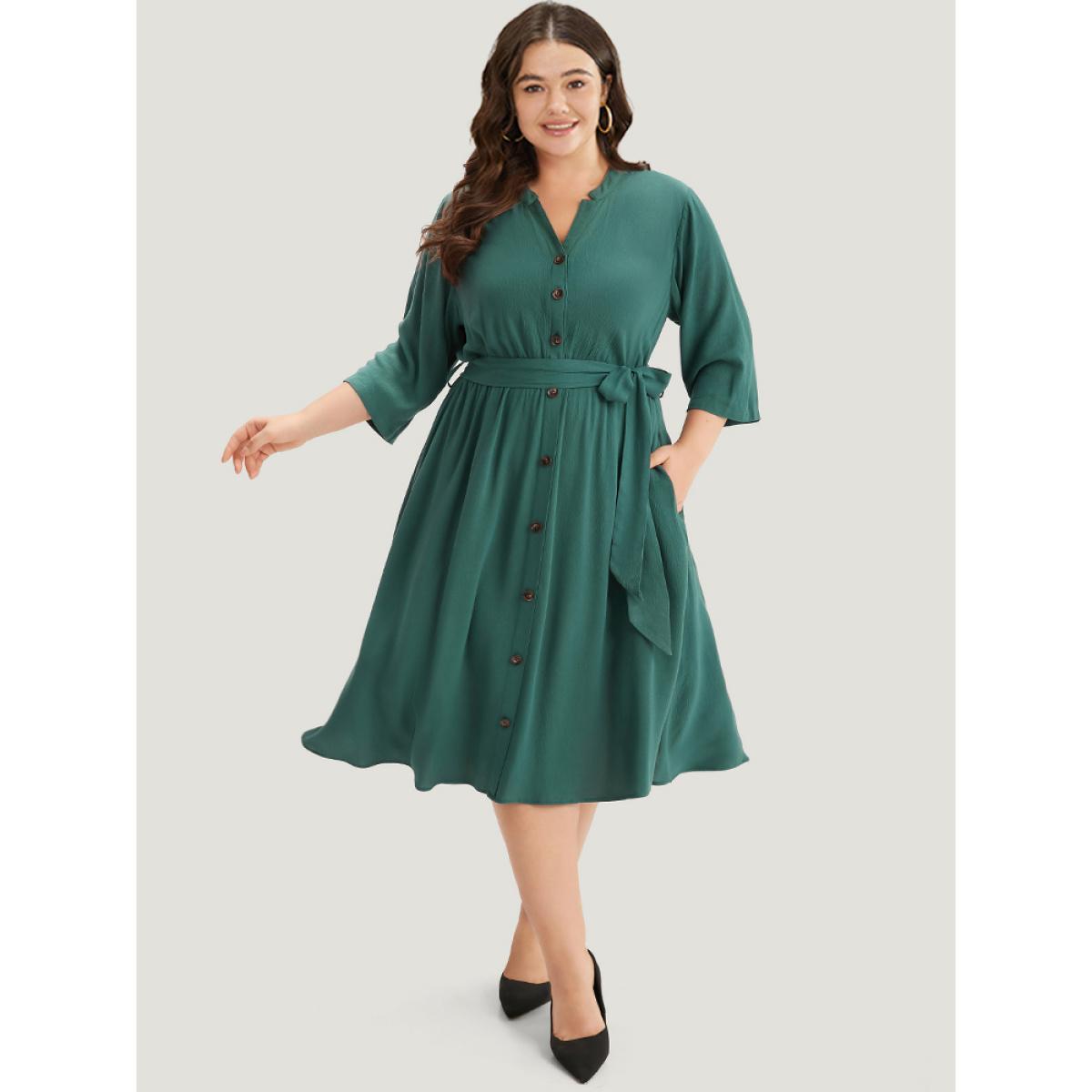 Plus Size Solid Button Detail Pocket Belted Notched Dress Emerald Women Office Plain Notched collar Elbow-length sleeve Curvy Midi Dress BloomChic 18-20/2X Product Image
