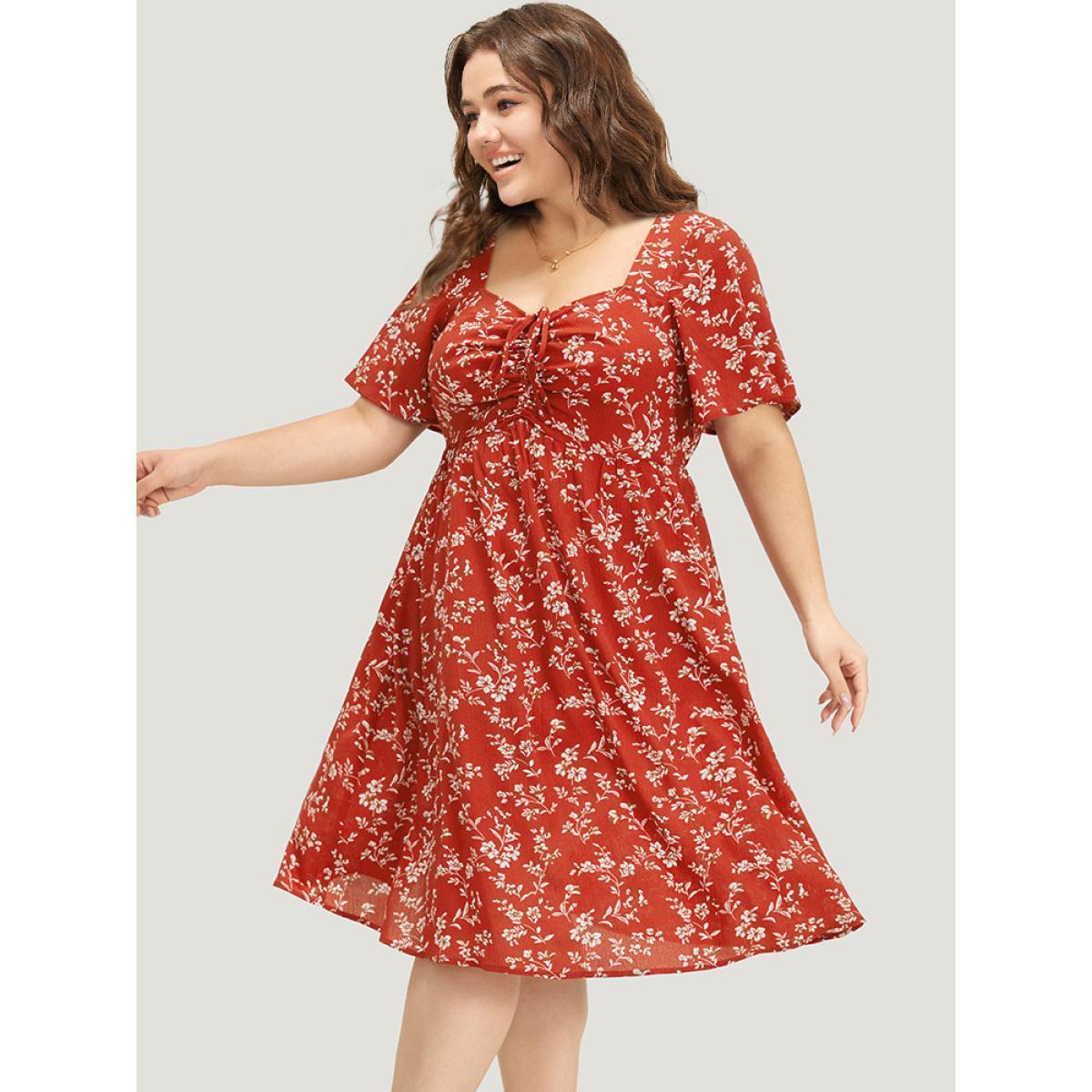Plus Size Floral Print Square Neck Ruched Ruffles Drawstring Dress Red Women Elegant Drawstring Square Neck Short sleeve Curvy Midi Dress BloomChic 18-20/2X Product Image