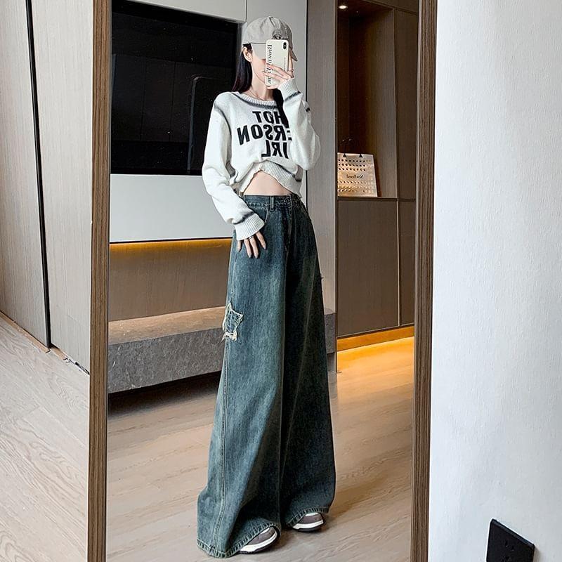 High Waist Star Applique Washed Wide Leg Jeans Product Image