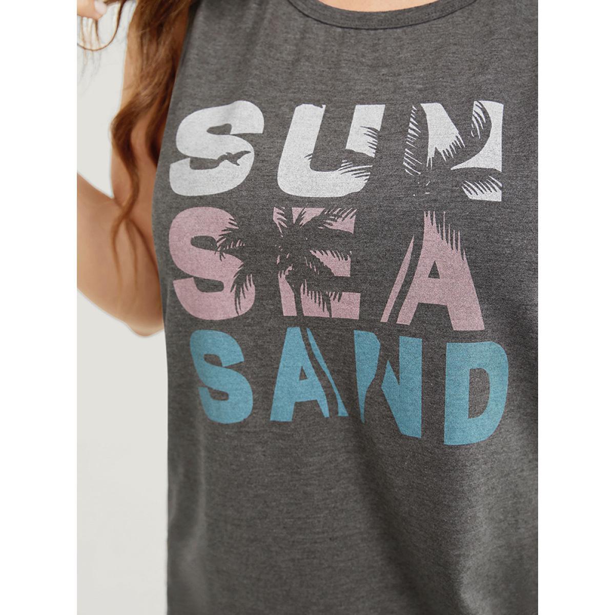 Plus Size Letter & Coconut Tree Print Crew Neck Graphic Tank Top Women Gray Casual Dailywear Tank Tops Camis BloomChic 12/L Product Image