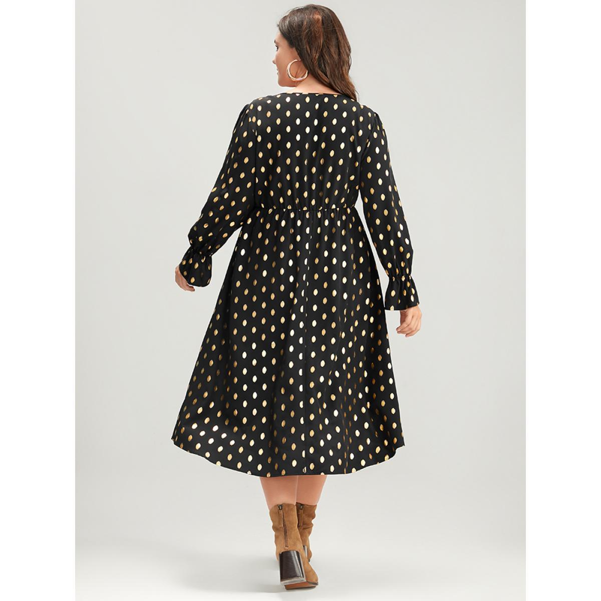 Plus Size Polka Dot Lantern Sleeve Pocket Lace Trim Midi Dress Black Women Party Lace V-neck Long Sleeve Curvy Midi Dress BloomChic 28/5X Product Image