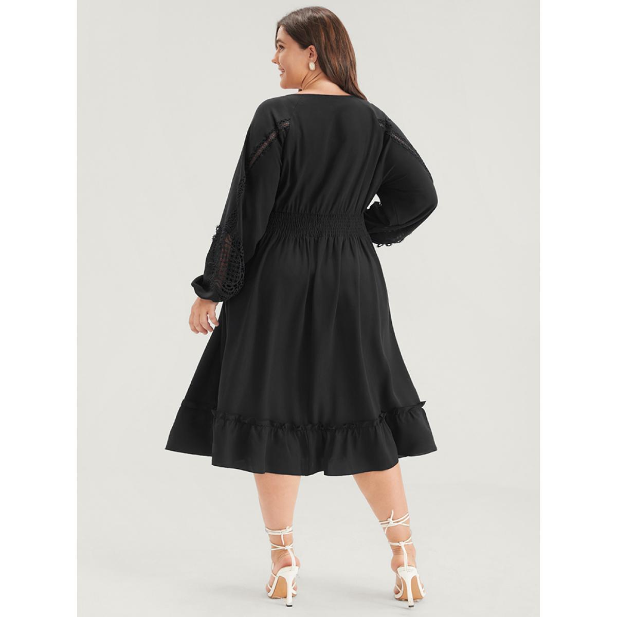Plus Size Solid Pocket Crochet Lace Lantern Sleeve Ruffle Shirred Midi Dress Black Women Dating Plain V-neck Long Sleeve Curvy Midi Dress BloomChic 18-20/2X Product Image