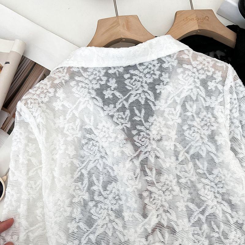 Flower Embroidered Lace-Up Lace Shirt Product Image