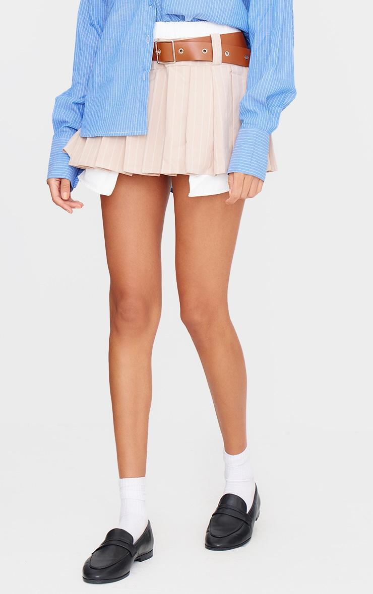 Sand Stripe Pleated Belt Detail Mini Skirt Product Image