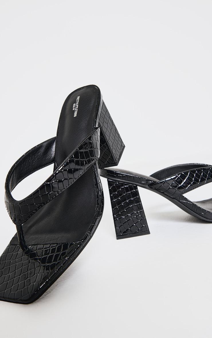 Wide Fit Black Croc Pu Square Toe Thong Block Mid Heeled Mules Product Image