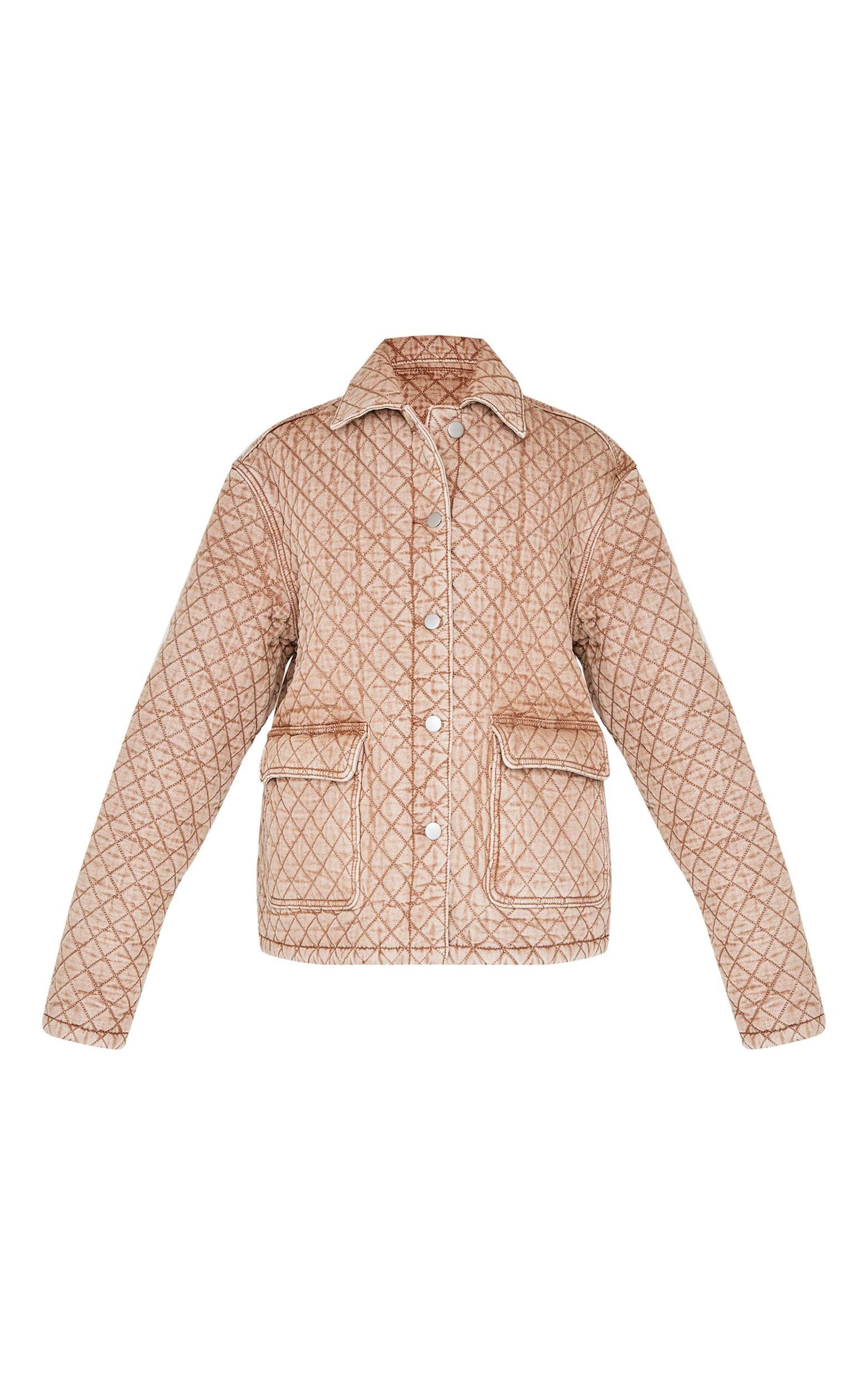 Washed Brown Qulited Effect Pocket Detail Denim Coat Product Image