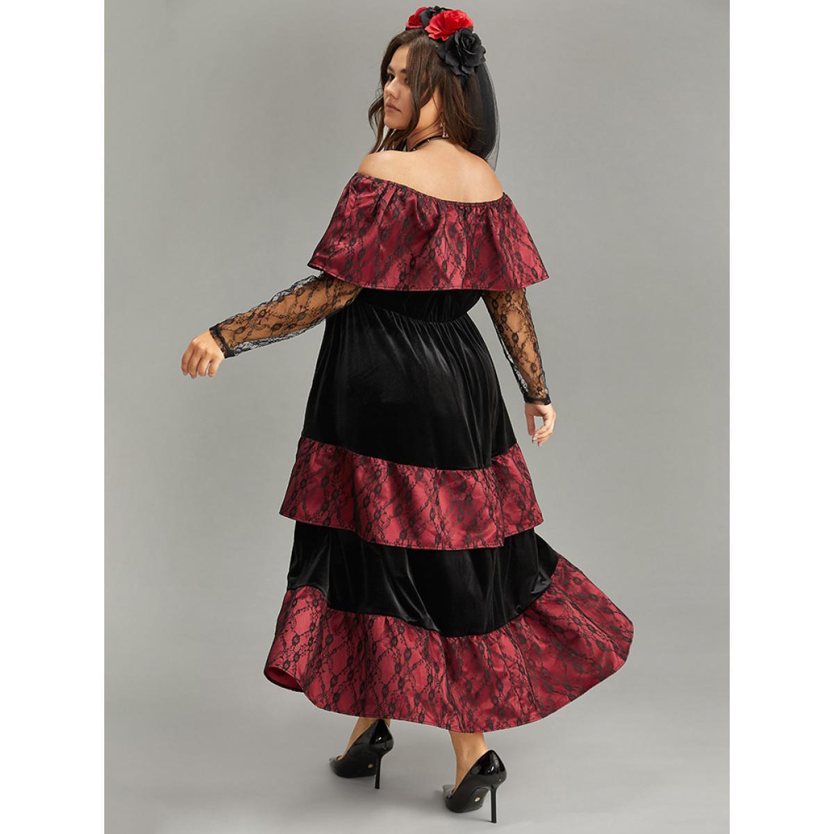 Plus Size Off Shoulder Lace Insert Mesh Layered Dress Black Women Elegant See through One-shoulder neck Long Sleeve Curvy Midi Dress BloomChic 26/4X Product Image