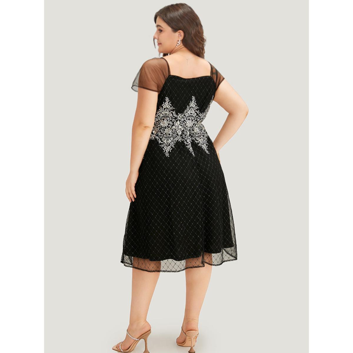 Plus Size Embroidered Pocket Mesh Patchwork Tank Dress Black Women Glamour Texture Square Neck Sleeveless Curvy Midi Dress BloomChic 26/4X Product Image