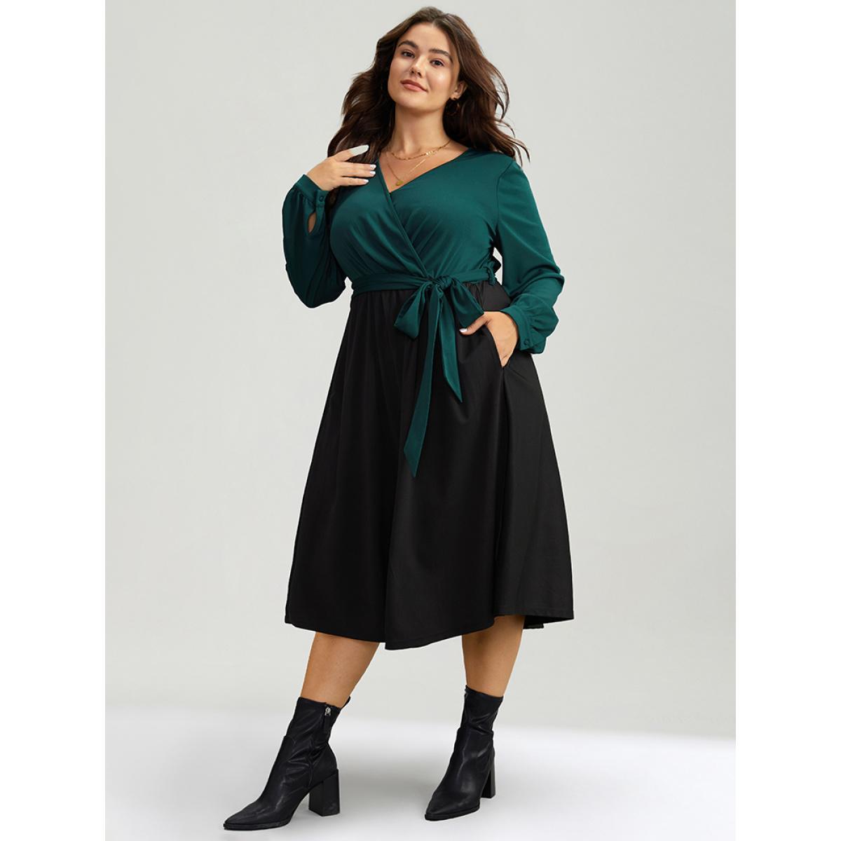 Plus Size Contrast Patchwork Bowknot Overlap Collar Dress DarkGreen Women Elegant Belted V-neck Long Sleeve Curvy Midi Dress BloomChic 12/L Product Image