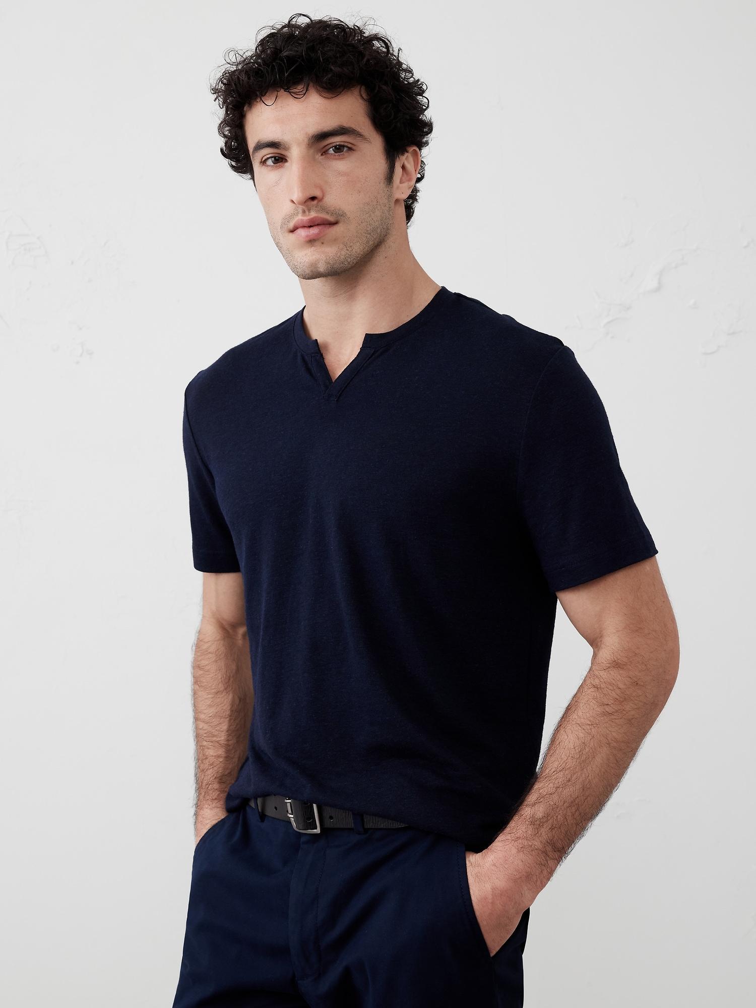 Linen-Blend Notch-Neck T-Shirt Product Image