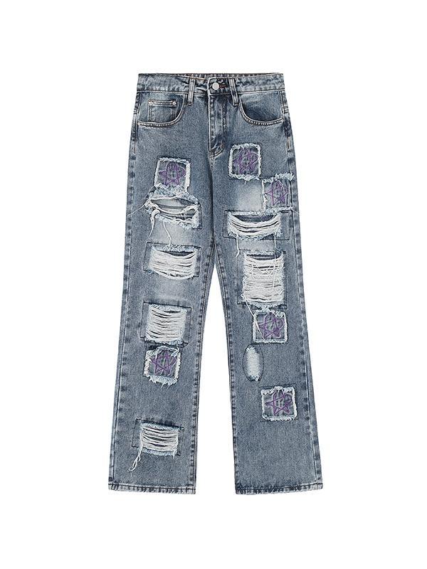 Men's Washed Ripped Burr Straight Leg Jeans Product Image