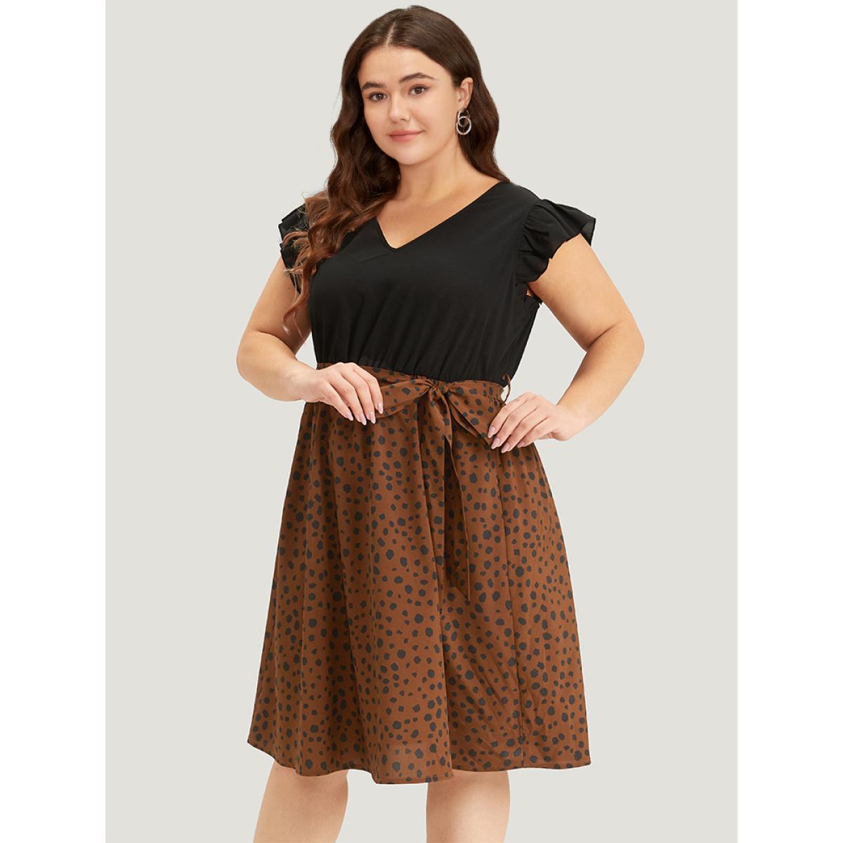 Plus Size Leopard Patchwork Pocket Belt Ruffle Dress DarkBrown Women Elegant Belted V-neck Cap Sleeve Curvy Knee Dress BloomChic 14-16/1X Product Image