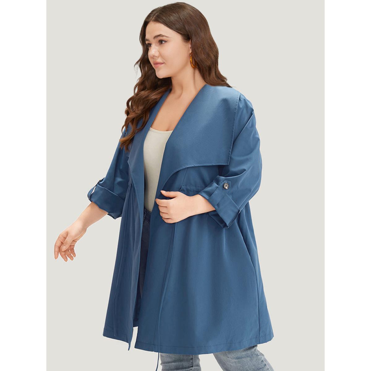 Plus Size Plain Drawstring Pocket Lapel Collar Tab Sleeve Coat Women DarkBlue Work Plain Plain 18-20/2X Pocket Work From Home Trench Coats BloomChic Product Image