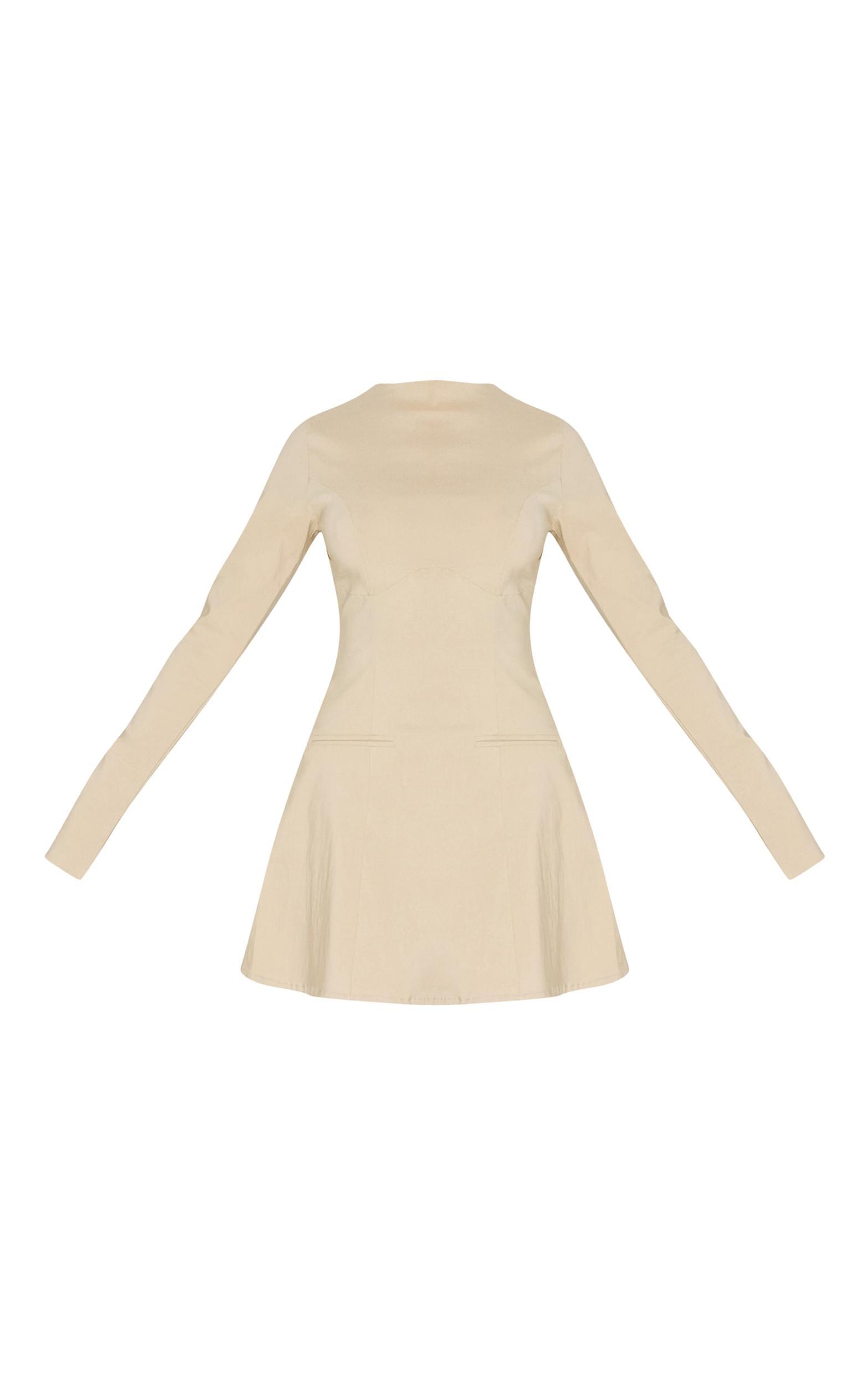 Beige Woven Boat Neck Flare Sleeve Shift Dress Product Image