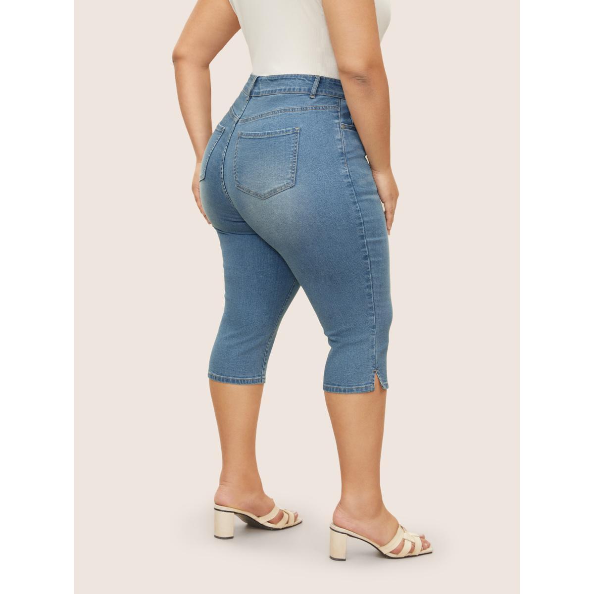 Plus Size Light Wash Slit Side Pull On Jegging Jeans Women LightBlue Casual Button High stretch Slanted pocket Jeans BloomChic 18/2X Product Image