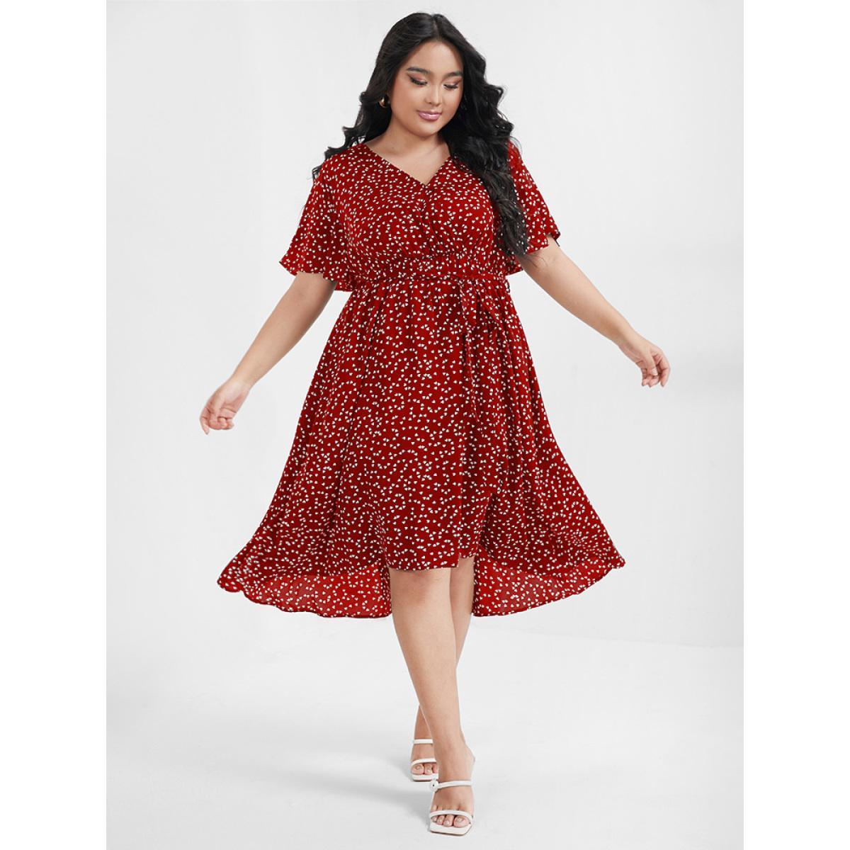 Plus Size Heart Printed Pocket Ties Ruffles Knee Dress Burgundy Women Elegant Elastic Waist V-neck Short sleeve Curvy Knee Dress BloomChic 10/M Product Image