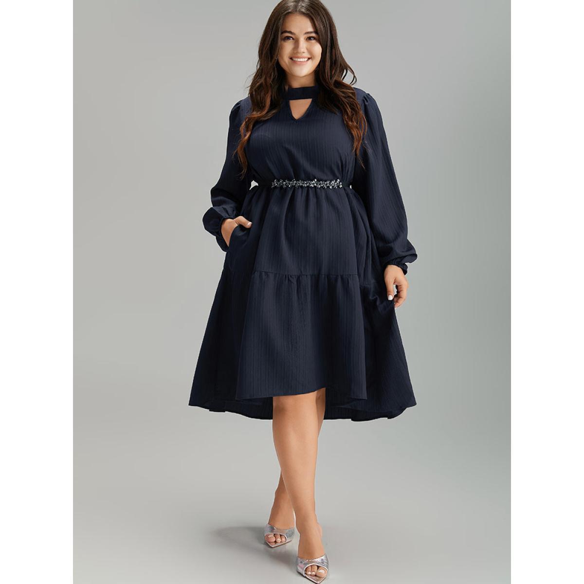 Plus Size Solid Cut Out Lantern Sleeve Dress DarkBlue Women Elegant Elastic cuffs Keyhole Cut-Out Long Sleeve Curvy Midi Dress BloomChic 22-24/3X Product Image