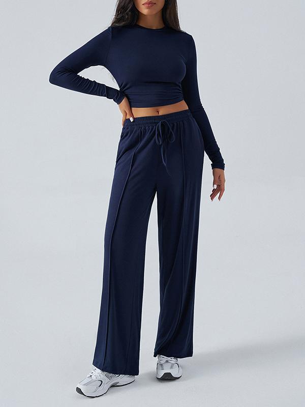 Long Sleeves Loose Solid Color Round-Neck T-Shirt Top + Drawstring Elasticity Pockets Pants Bottom Two Pieces Set Product Image