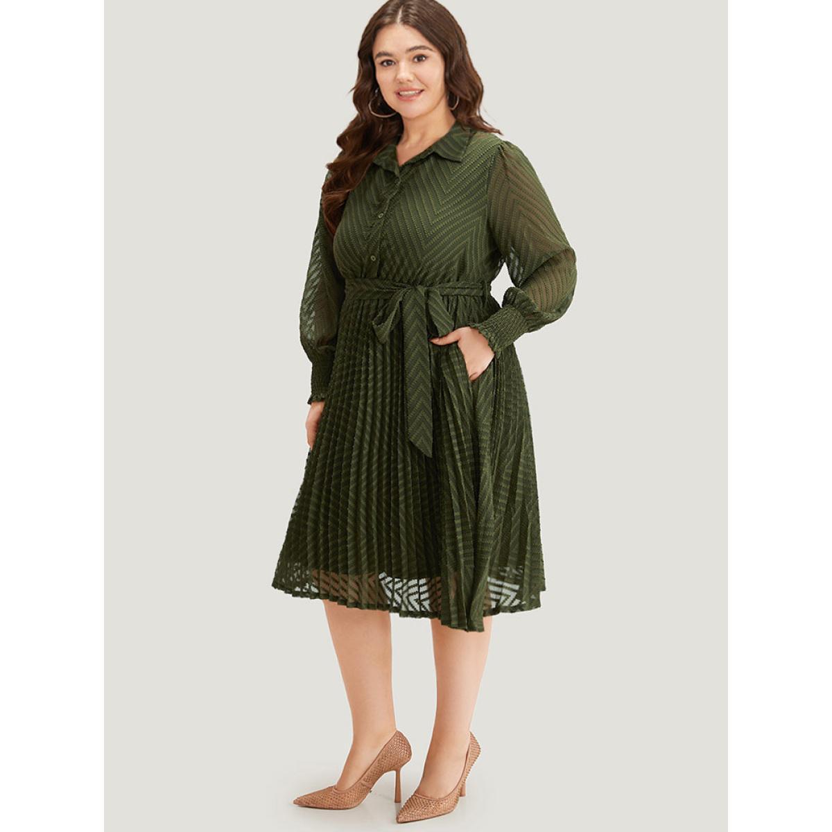 Plus Size Shirred Belted Pocket Shirt Collar Button Through Dress ArmyGreen Women Office Elastic cuffs Shirt collar Long Sleeve Curvy Midi Dress BloomChic 14-16/1X Product Image