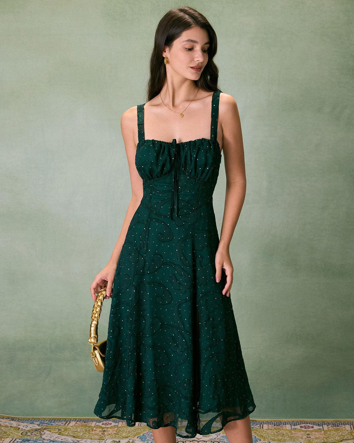 The Green Square Neck Jacquard Slit Midi Dress Product Image