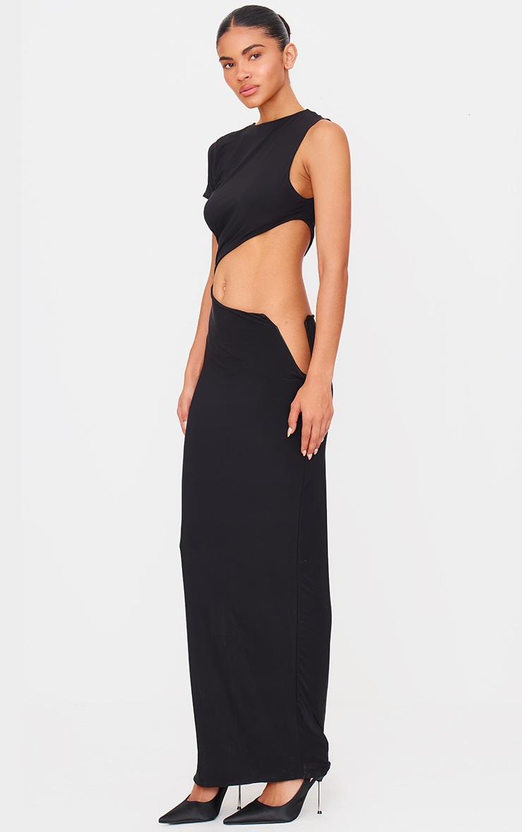 Black Double Layer Slinky Short Sleeve Trim Detail Maxi Dress Product Image