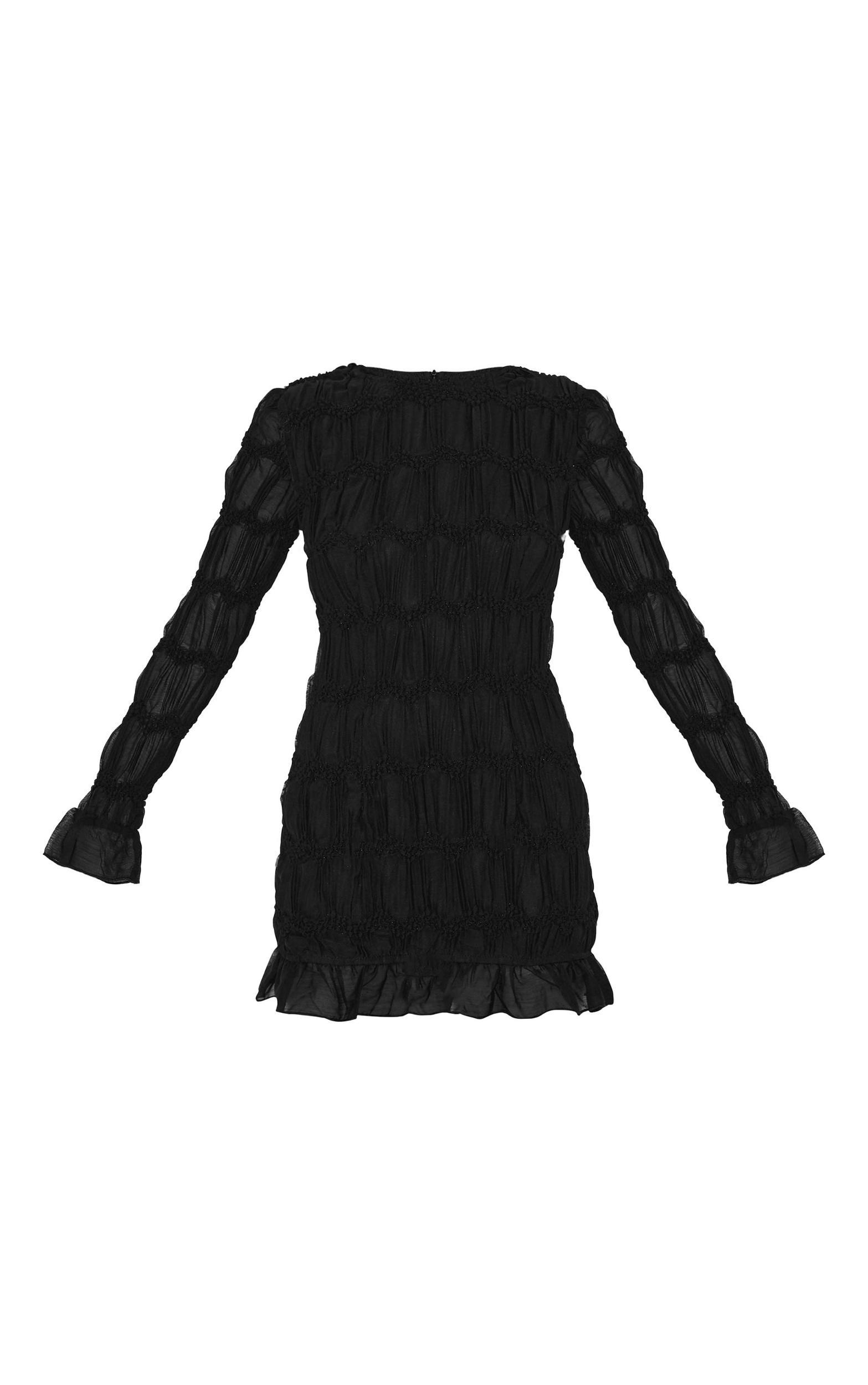 Black Textured Long Sleeve Crew Neck Mini Dress Product Image