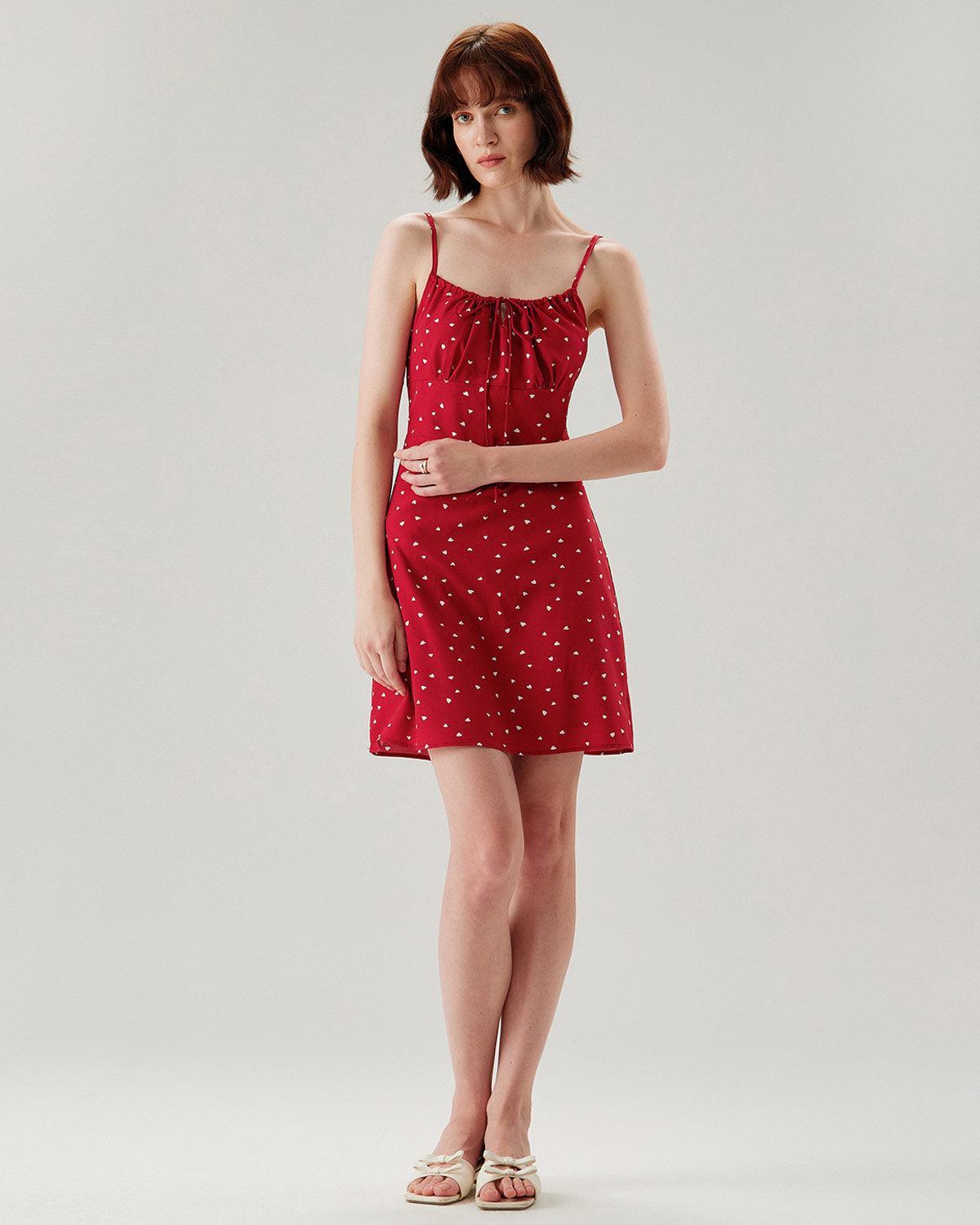 Red Heart Pattern Sweetheart Neck Slip Mini Dress Product Image