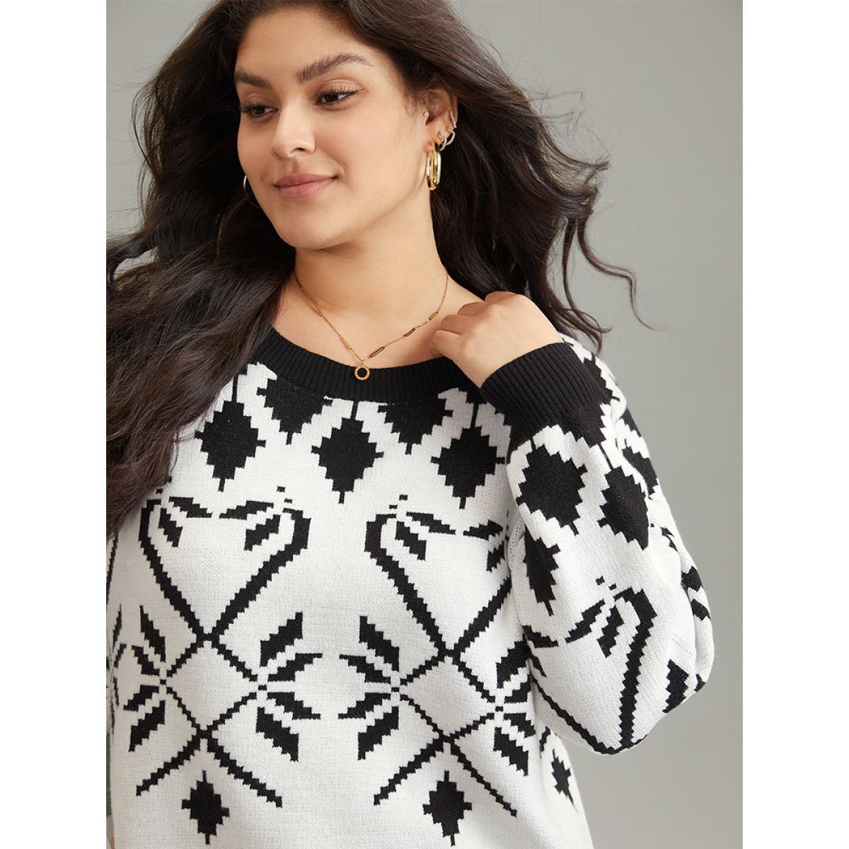 Plus Size Supersoft Essentials Geometric Jacquard Crew Neck Pullover Black Women Casual Loose Long Sleeve Round Neck Dailywear Pullovers BloomChic 22-24/3X Product Image