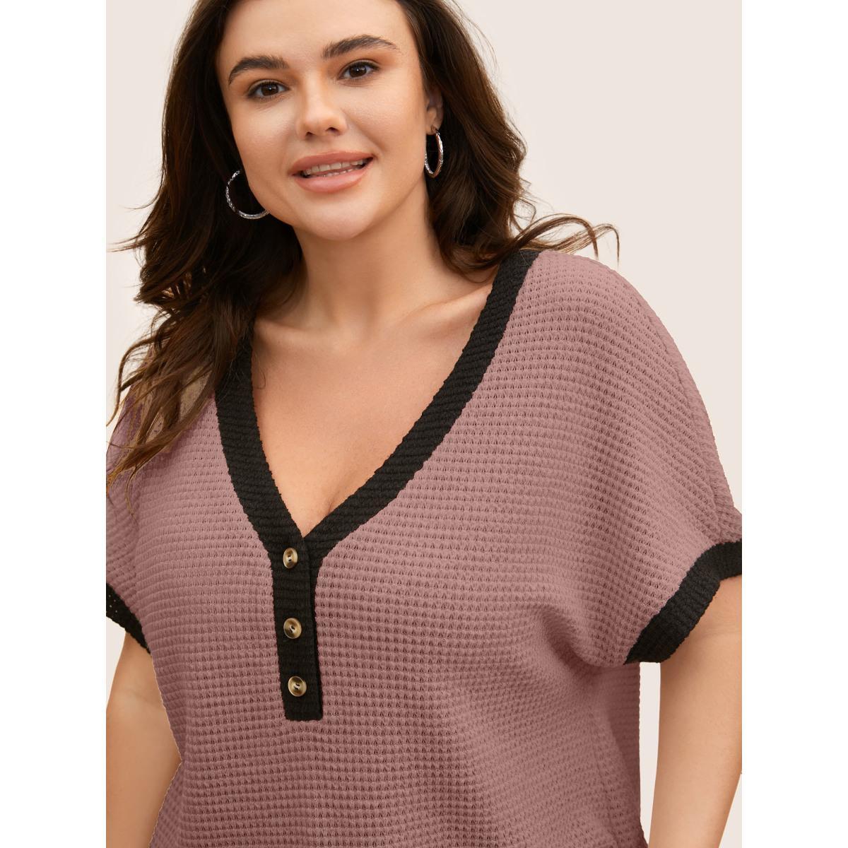 Plus Size V Neck Contrast Button Detail Knit T-shirt DustyPink Women Casual Texture V-neck Everyday T-shirts BloomChic 10/M Product Image