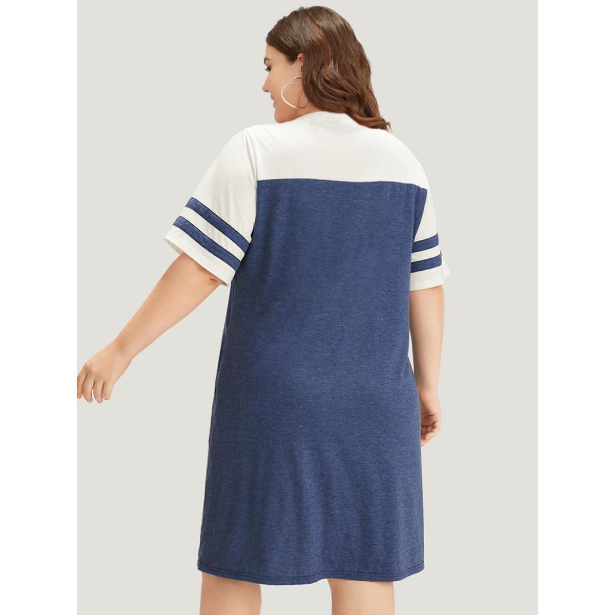 Plus Size Supersoft Essentials Striped Pocket Patchwork Lace Up Dress Indigo Women Casual Cross straps V-neck Short sleeve Curvy Knee Dress BloomChic 12/L Product Image