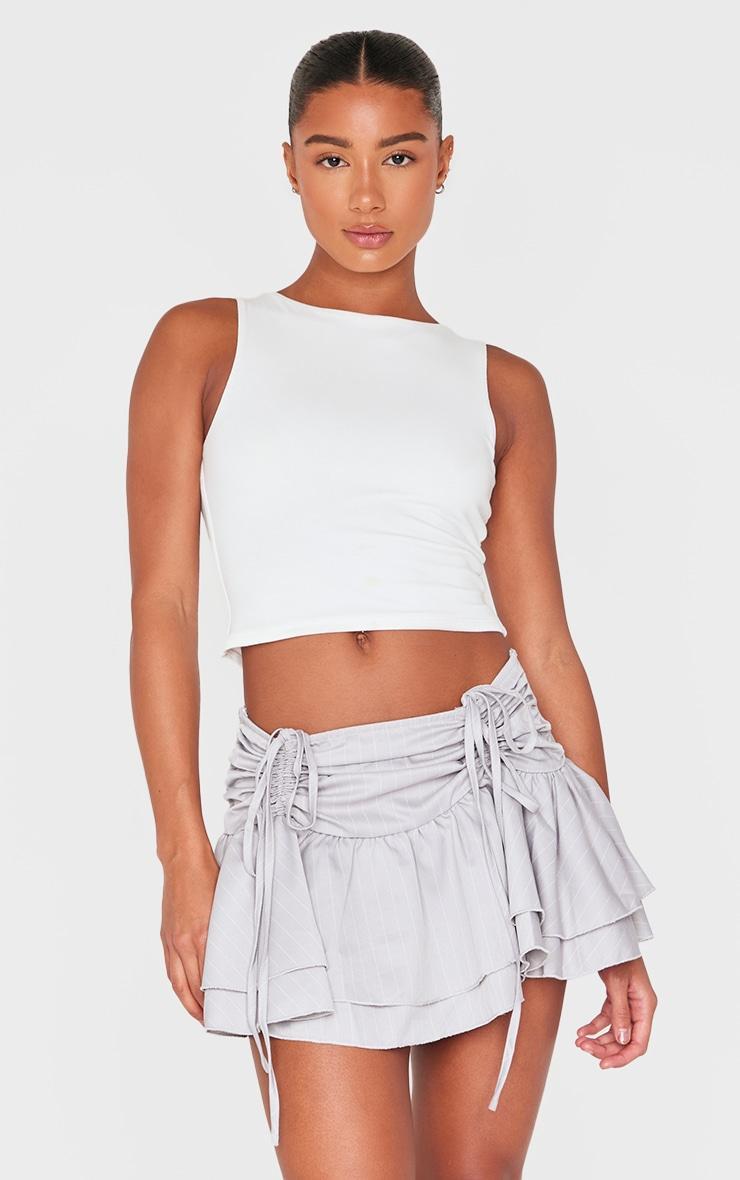 Pale Grey Pinstripe Woven Ruched Front Peplum Mini Skirt Product Image