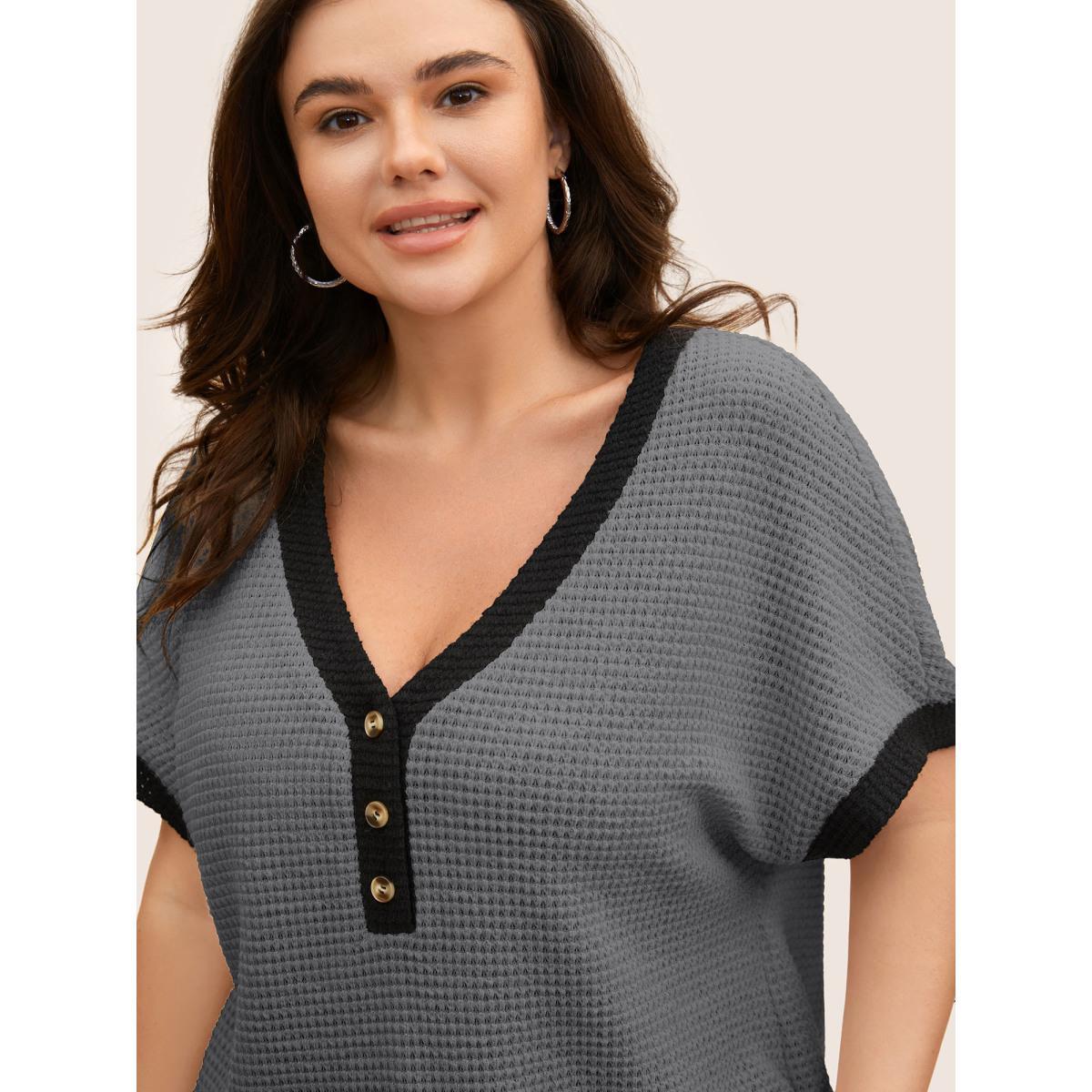 Plus Size V Neck Contrast Button Detail Knit T-shirt DimGray Women Casual Texture V-neck Everyday T-shirts BloomChic 10/M Product Image