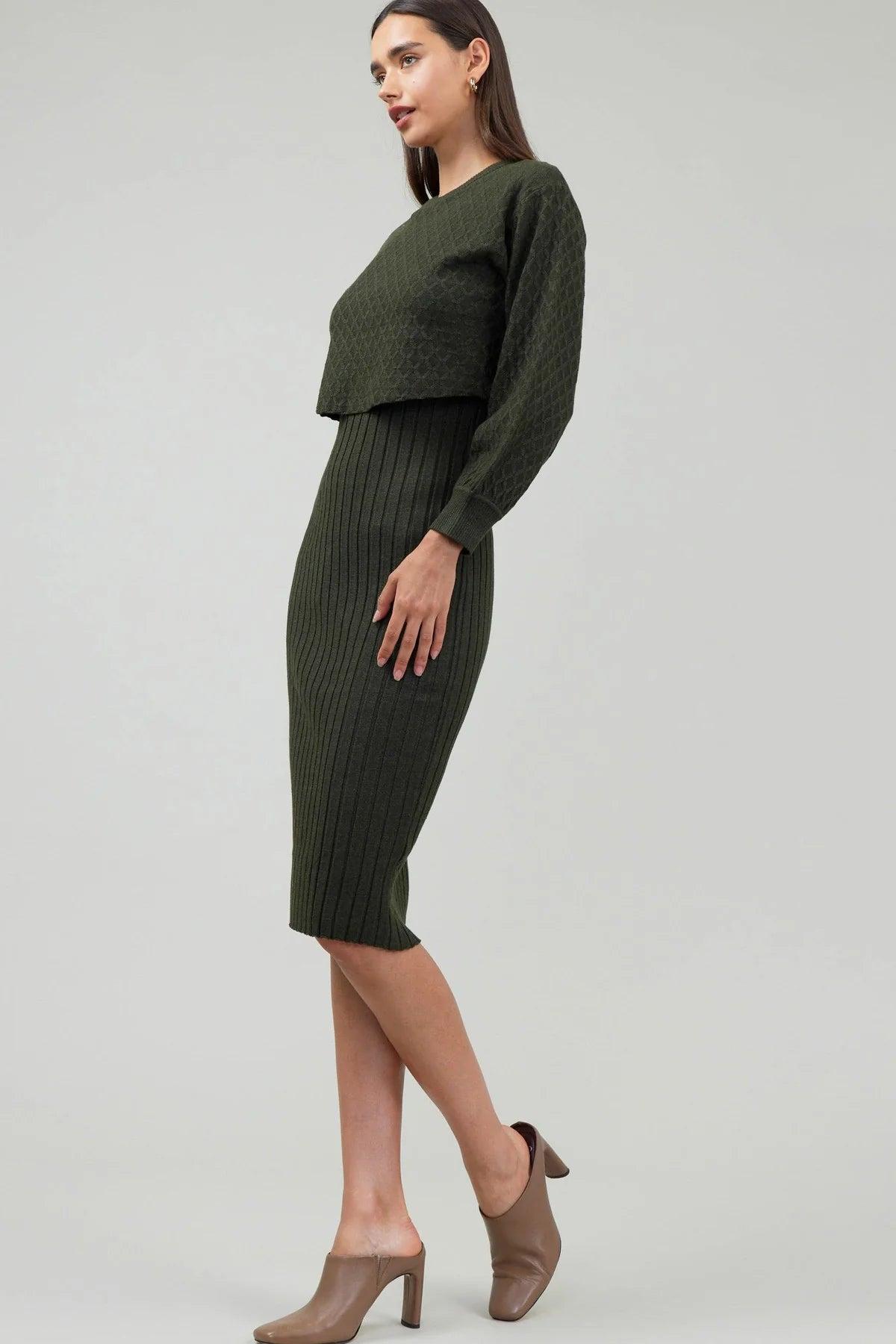 Mock Neck Cable Knit Sweater Midi Dress Product Image