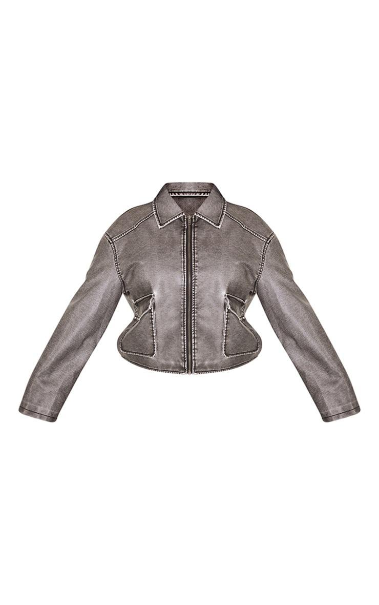 Plus Black Distressed Faux Leather Cropped Biker Jacket Product Image