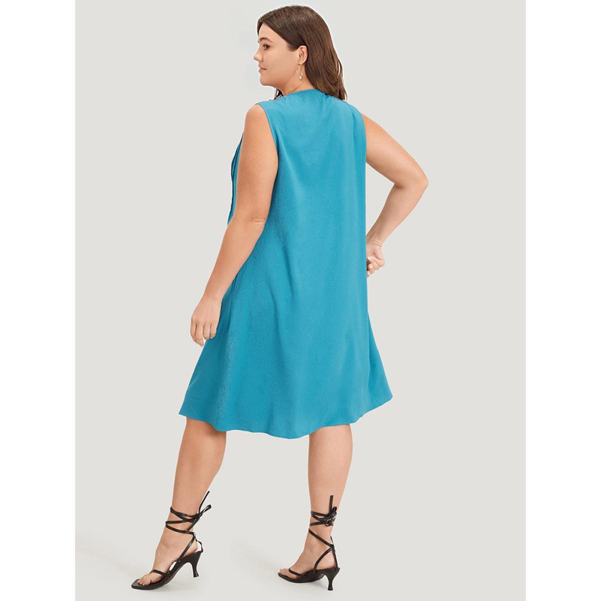 Plus Size Solid Plicated Detail Button Through Tank Dress Cerulean Women Vacation Button V-neck Sleeveless Curvy Knee Dress BloomChic 30/6X Product Image